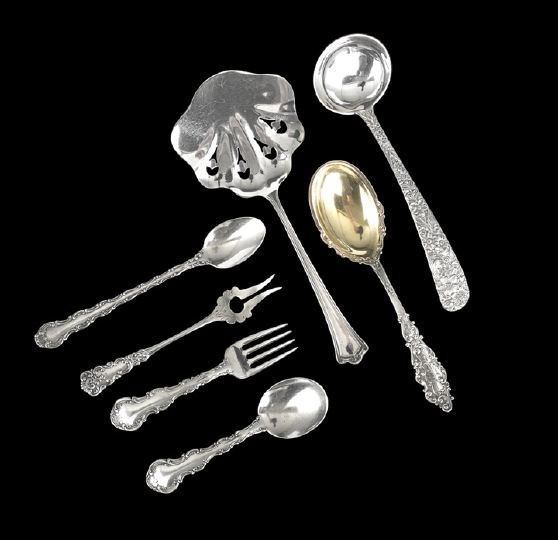 Seven Pieces of Sterling Silver Flatware: Seven Pieces of Miscellaneous American Sterling Silver Flatware, 20th century, including a Gorham "Strasbourg" infant feeding spoon, l.5-5/8", and child's set (fork and spoon), l. 4-1/2", a Gorham "Lu