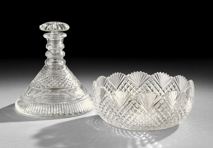 Two Pieces of Cut-Glass: Two Pieces of Cut-Glass, the first, an American brilliant period berry bowl cut in a strawberry pattern with a fanned edge and scalloped border, dia. 9", and the second a Regency-style lead crystal cu