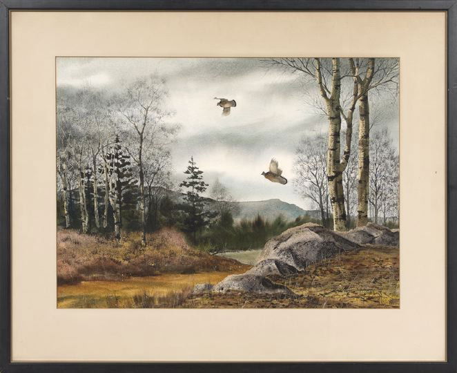 David Hagerbaumer (American, b. 1921): David Hagerbaumer (American, b. 1921) "Game Birds in Flight", watercolor on paper, signed lower right "David Hagerbaumer", sight 21" x 28-5/8". Glazed, matted and framed.