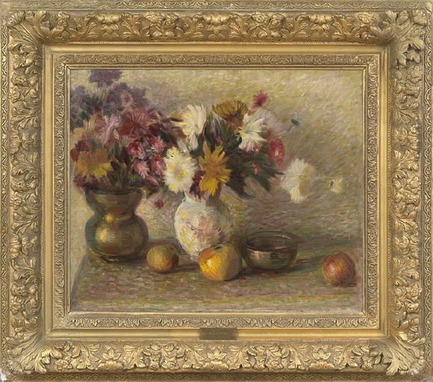 Attr. to W. J. Glackens (American, 1870-1938): Attributed to William James Glackens (American, 1870-1938) "Still Life with Two Vases of Flowers and Fruit", oil on canvas, unsigned, inscribed in pen on the reverse "W. Glackens, 1870-1938", 20" x 24