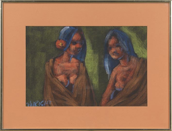 Don Wright (American/Louisiana, 1938-2007): Don Wright (American/Louisiana, 1938-2007) "Two Tahitian Women", pastel on paper, signed lower left "D. Wright", sight 11" x 17". Glazed, matted and framed.