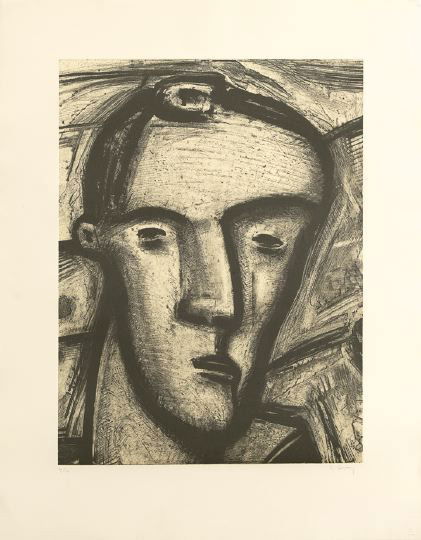 Robert Gordy (American/Louisiana, 1933-1986): Robert Gordy (American/Louisiana, 1933-1986) "Male Head", etching, signed in pencil lower right "R. Gordy", pencil numbered lower left "5/16", 31" x 24". Unframed.