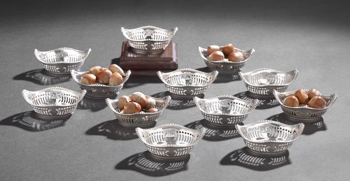 Set of Twelve Gorham Sterling Silver Nut Dishes: Set of Twelve Gorham Sterling Silver Nut Dishes, second quarter 20th century, Providence, Rhode Island, each of navette form with shaped sides and upswept ends, decorated with a beaded rim above a ret
