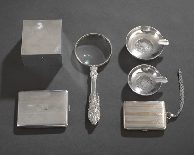 Six Pieces of Sterling and Silverplate: Six Pieces of Miscellaneous Sterling and Silverplate, 20th century, including a Hausmann's table box with gilt interior, h. 2", w. 3", an E.G. Bass lady's cigarete case with two-color gold inlay and b