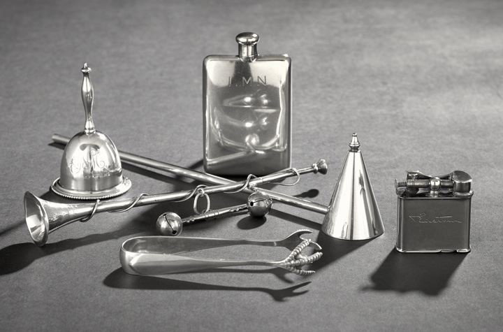 Six Pieces of Sterling Silver Tableware: Six Pieces of American and Other Sterling Silver Tableware, late 19th to mid 20th century, including an unusual presentation candle snuffer dated 1896 and inscribed by the Four-in-Hand Club, Philadelp