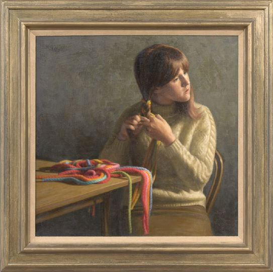 Helen Bacon Hoffman (American, b. 1930): Helen Bacon Hoffman (American, b. 1930) "Lorrie", oil on canvas, signed upper left "Hoffman", 21" x 21", reverse with a "Grand Central Art Galleries, Inc." label. Presented in a molded giltwood frame.
