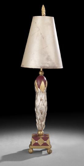 Contemporary Polychromed Table Lamp: Contemporary Polychromed and Silver-Gilt Upturned Leaf Table Lamp, from a 1980's limited edition designed by Winifred Ross Reilly, Baton Rouge, Louisiana, signed: "Ross", fitted with a conical custom