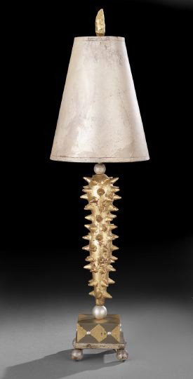 Contemporary Polychromed and Giltwood Table Lamp: Contemporary Polychromed and Giltwood Spiked Table Lamp, from a 1980's limited edition designed by Winifred Ross Reilly, Baton Rouge, Louisiana, signed: "Ross", fitted with a conical custom shade, ove