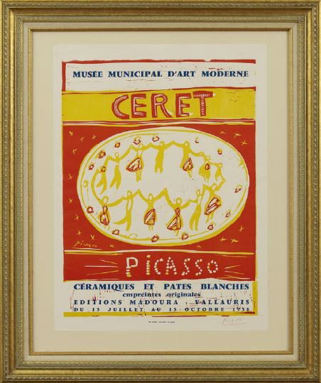 Pablo Picasso (Spanish/French, 1881-1973): Pablo Picasso (Spanish/French, 1881-1973) "Musee Municipal d'Art Moderne Ceret", 1958, linocut printed in colors on thin woven paper, signed lower right margin in red crayon, sheet size 26-3/8" x 19-5