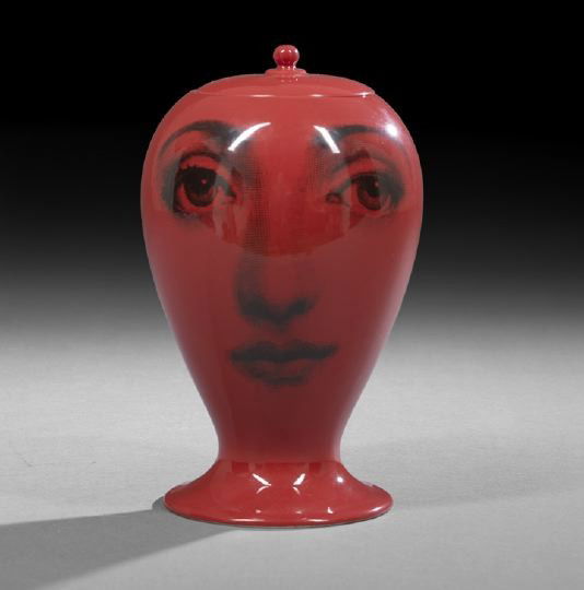 Fornasetti Red Porcelain Covered Vase: Fornasetti Red Porcelain Covered Vase, 20th century, model 10401, produced in a limited edition by Bitossi Ceramiche, Italy, from a 1950's plaster form by Fornasetti, fully marked, number 172 of 299,