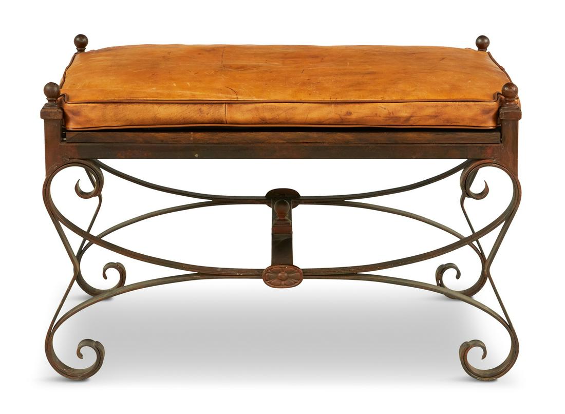 Neoclassical-Style Wrought Iron and Leather Bench (1 of 4)