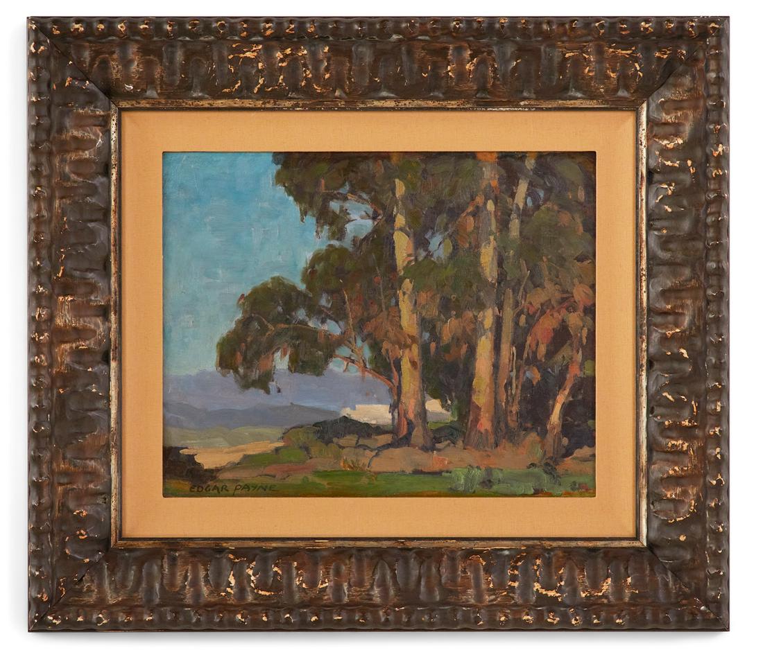 Edgar Alwin Payne (USA/California, 1883-1947): Edgar Alwin Payne (American/California, 1883-1947) "Eucalyptus Grove" oil on board signed lower left, and "William Karges Fine Art, Beverly Hills, CA" label with artist and title en verso. Framed. 16"