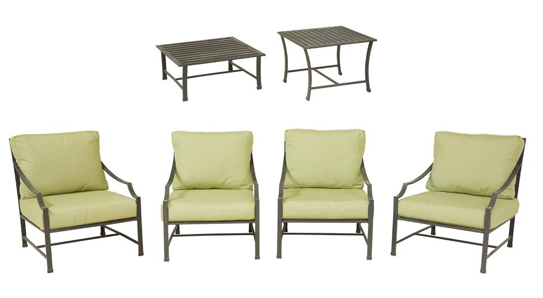 "Carmel" Aluminum Garden Furniture: Six-Piece Suite of Restoration Hardware "Carmel" Aluminum Garden Furniture comprised of four chairs with "X" backs and slatted seats with cushions, h. 32", w. 25", d. 21", an ottoman, h. 16-1/2", w. 2