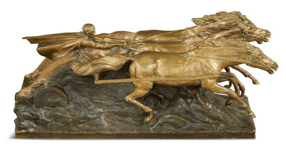 Maurice Guiraud-Riviere (French, 1881-1947): Maurice Guiraud-Riviere (French, 1881-1947) "Racing Charioteer" patinated bronze second quarter 20th century, cast signature along front edge of self-base. h. 13", w. 32", d. 11"