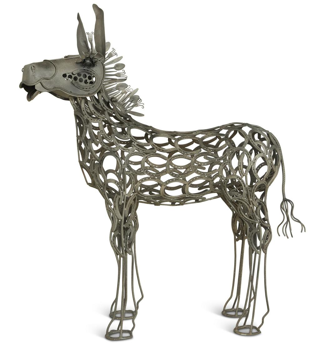 Whimsical Patinated Metal Donkey: Whimsical Patinated Metal Donkey the body composed of horseshoes, and the mane of twisted cutlery. h. 58", w. 12", l. 53"