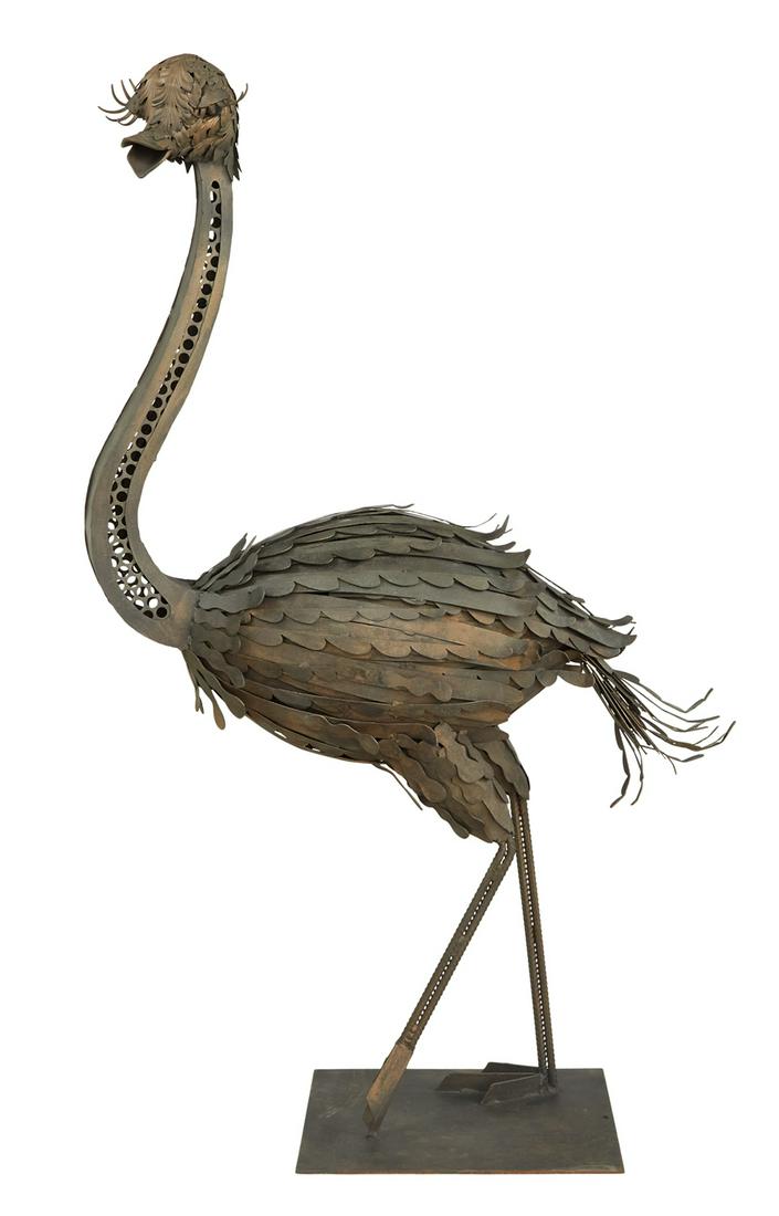 Contemporary Patinated Metal Ostrich: Contemporary Patinated Metal Ostrich the neck pierced and the body with overlapping scalloped feathers, on a rectangular metal base. h. 77", w. 49", d. 14"