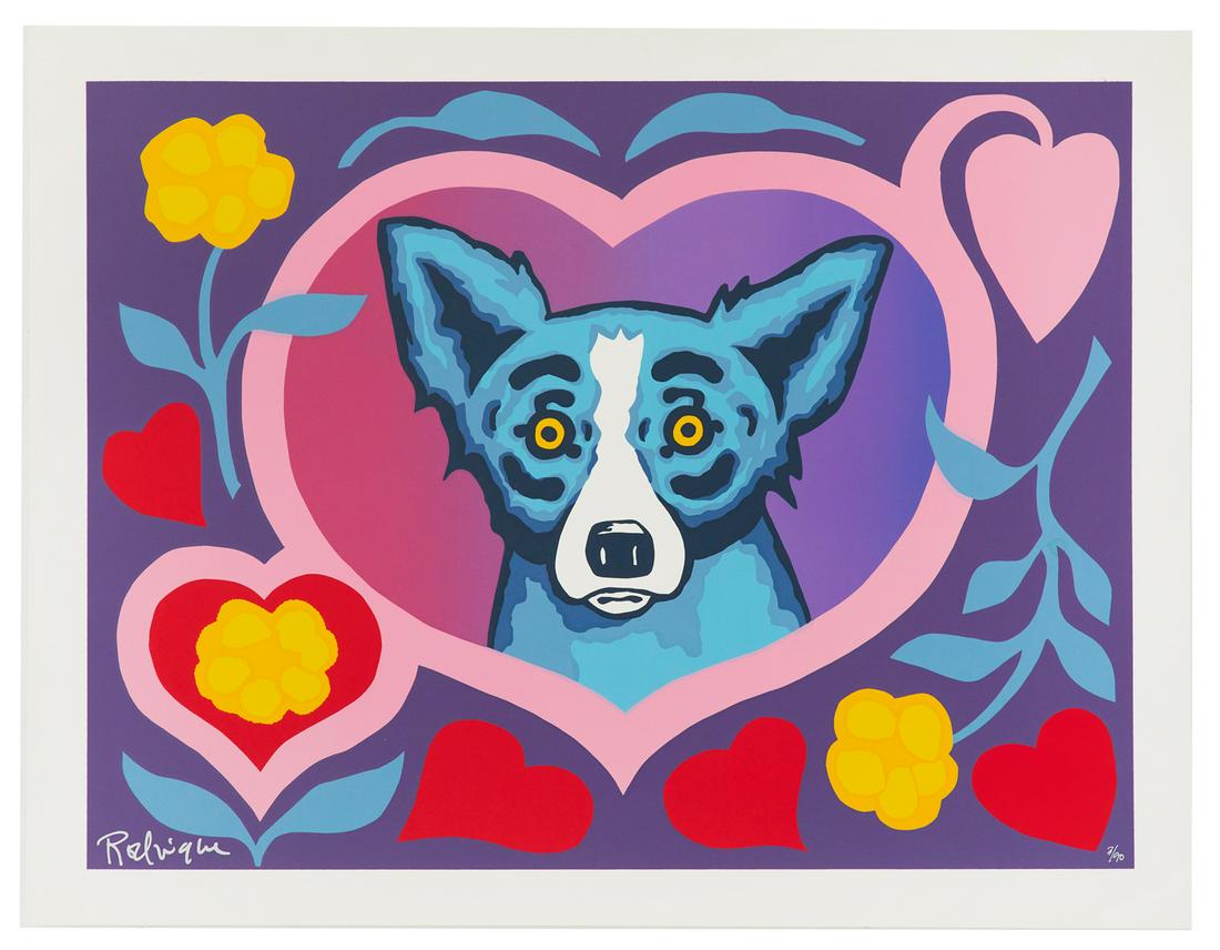 George Rodrigue (USA/Louisiana, 1944-2013): George Rodrigue (American/Louisiana, 1944-2013) "Love Me Forever", 2001 silkscreen signed lower left and numbered "5/90" lower right. Unframed. 20" x 27" Literature: Listed and illustrated in George R