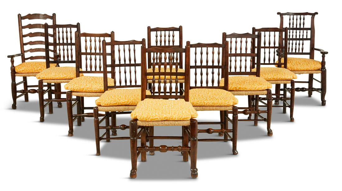 Ten English Oak Ladder- and Spindle-Back Chairs (1 of 3)