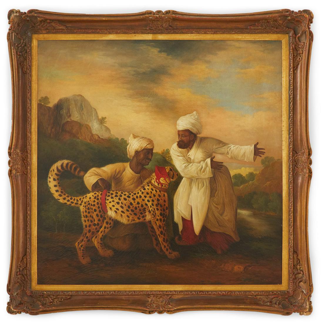 After George Stubbs (British, 1724-1806): After George Stubbs (British, 1724-1806) "A Cheetah with Two Indian Servants" oil on canvas signed lower right "Bianchi". Framed. 36" x 36", framed 44" x 44"