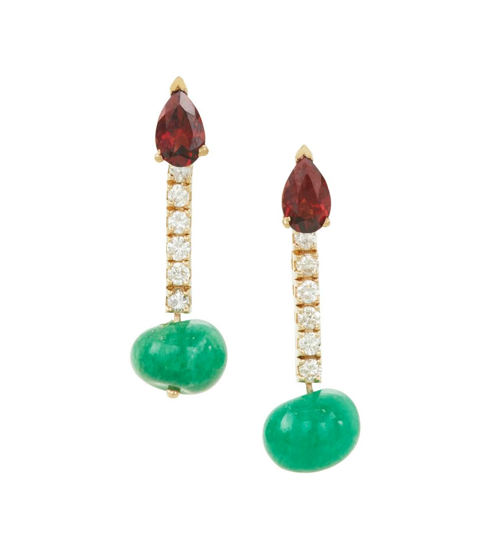Pair of Emerald, Diamond and Garnet Earrings (1 of 1)