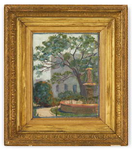 Ellsworth Woodward (USA/New Orleans, 1861-1939): Ellsworth Woodward (American/New Orleans, 1861-1939) "Lotus Fountain, Sophie Newcomb Memorial College, Washington Avenue Campus" oil on canvas unsigned. Period gilt frame. 14" x 11", framed 22" x 19-1