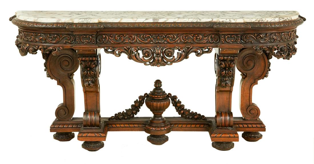 Baroque-Style Walnut and Marble-Top Console Table (1 of 3)