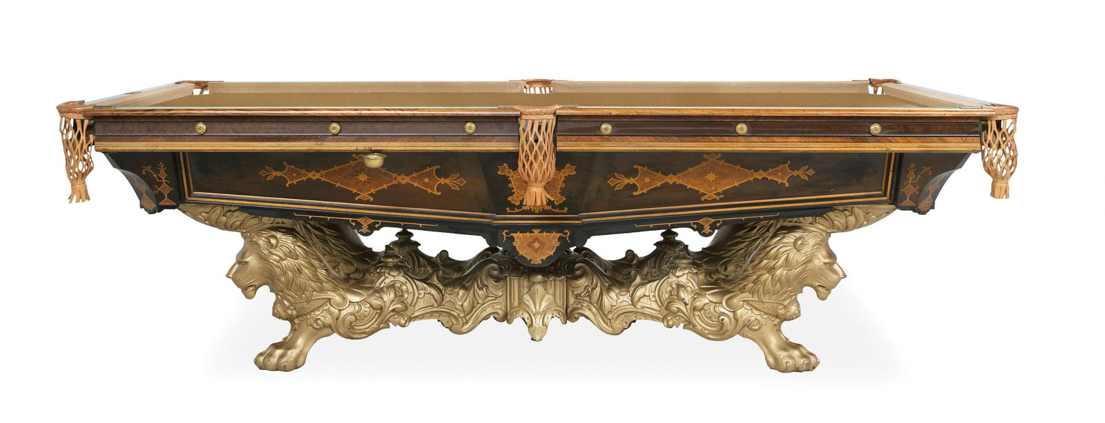 Brunswick-Balke-Collender "Monarch" Pool Table: Brunswick-Balke-Collender Co. Rosewood and Marquetry-Inlaid "Monarch" Pool Table late 19th century, formerly a billiards table, now converted to a pool table, the apron inlaid in the Aesthetic taste a