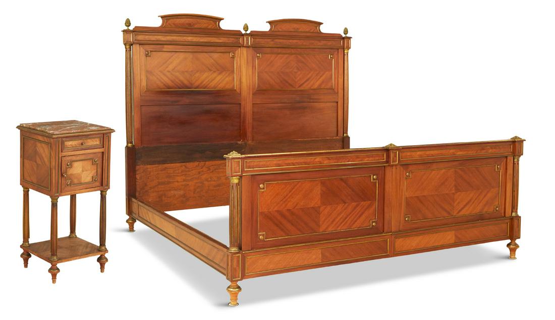 Two-Piece Louis XVI-Style King-Size Bed Ensemble: Two-Piece Louis XVI-Style Mahogany and Bronze-Mounted King-Size Bed Ensemble ca. 1900, consisting of a pair of twin beds now joined to form a king-size bed, with framed, paneled and fluted posts and b
