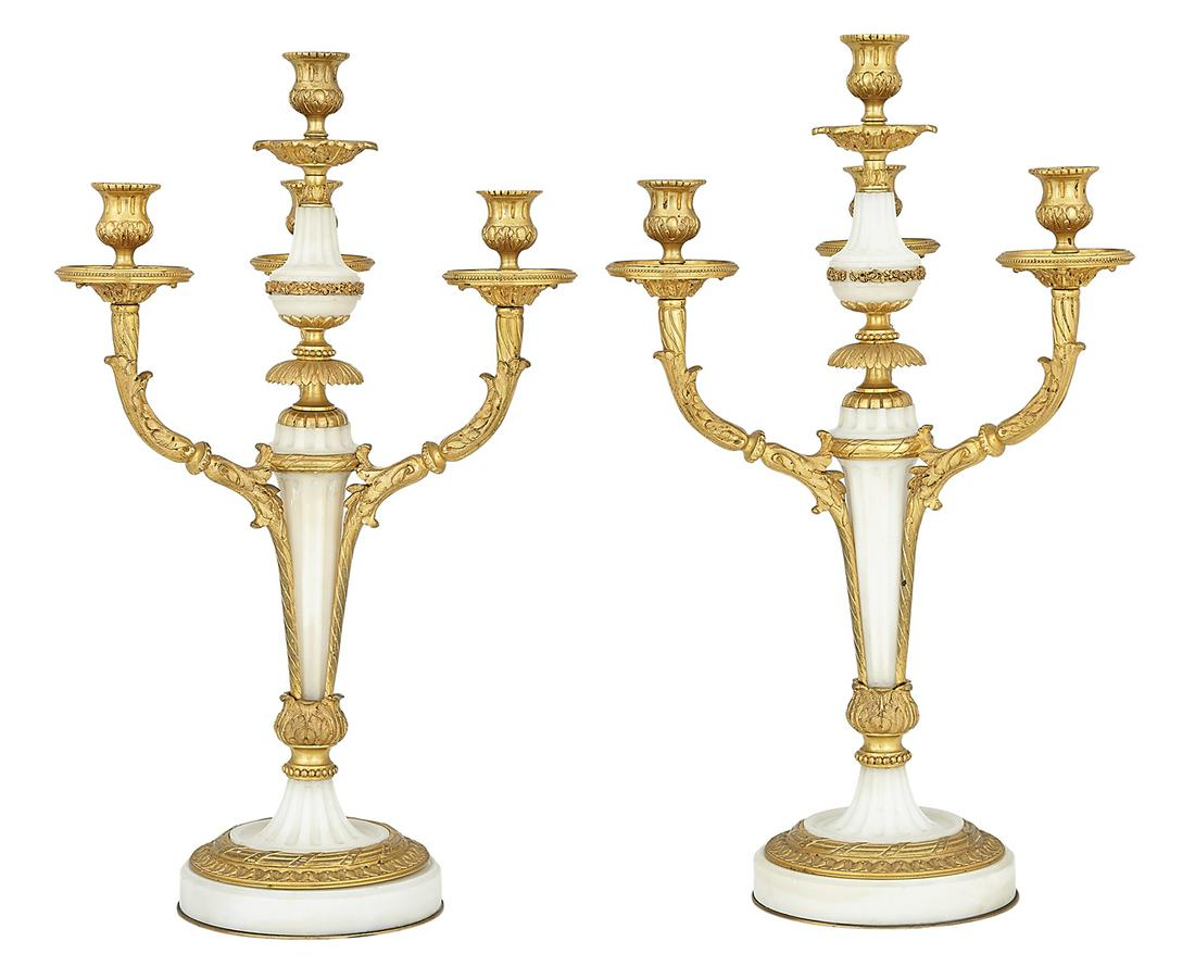 Pair of French Marble and Gilt-Bronze Candelabra: Pair of French Belle Epoque Marble and Gilt-Bronze Candelabra fourth quarter 19th century, in the Louis XV taste, the fluted marble standards and bases mounted with gilt-bronze leaf-molded arms, termi