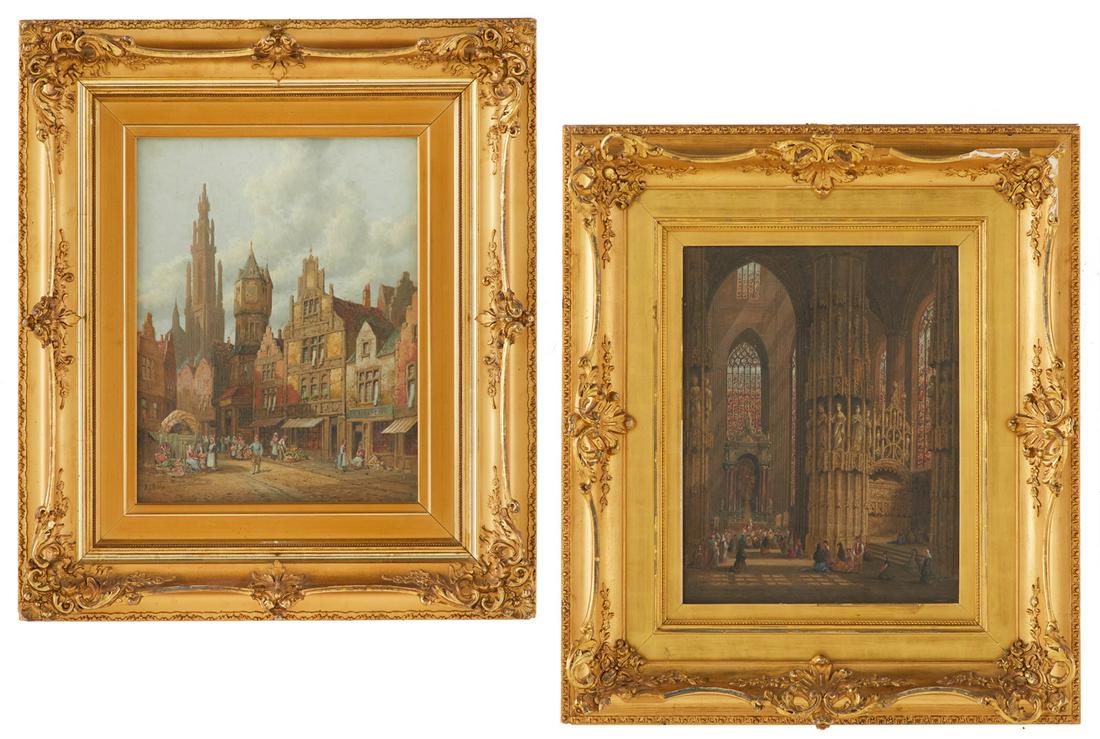 Henry Thomas Schafer (British, 1854-1915): Henry Thomas Schafer (British, 1854-1915) "Cathedral of Saint Mary of Burgos, Spain" "Market Day, Antwerp Town Center, Belgium" two watercolors on paper laid down and backed in canvas each signed lowe