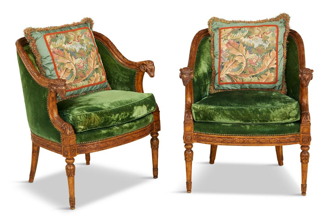 Pair of Empire-Style Fruitwood Bergeres (1 of 3)