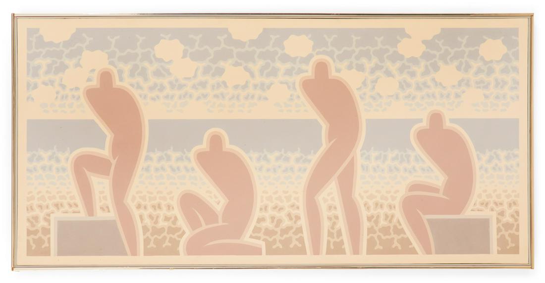 Robert Gordy, (American/LA, 1933-1986): Robert Gordy (American/Louisiana, 1933-1986) "By the Sea", 1977 acrylic on canvas signed, titled and dated en verso stretcher, affixed with "Simonne Stern Gallery, New Orleans, LA" label. Integral fra