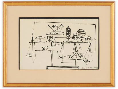 David Smith, (American, 1906-1965): David Smith (American, 1906-1965) "Untitled", 1950 ink on paper signed, dated and inscribed "to Stanley Young" lower right. Float-mounted, glazed and framed. sheet 12" x 19", framed 20-1/2" x 27" Prov