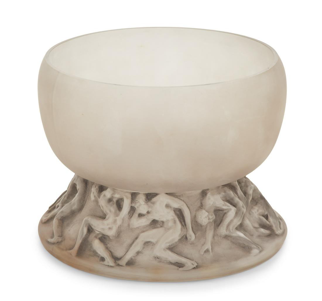 Lalique Molded and Frosted Glass "Lutteurs" Vase: Lalique Molded and Frosted Glass "Lutteurs" Vase ca. 1914, the base decorated with a frieze of nude wrestlers supporting the upper vase, accented with a smoke-colored, patinated wash, marked "R. laliq