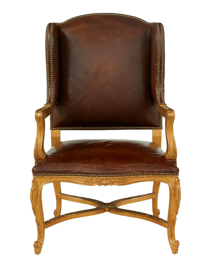 Ralph Lauren Chocolate Leather "Spencer" Chair: Ralph Lauren Giltwood and Chocolate Leather "Spencer" Chair the wing chair with an arched back joined to brackets extending to open arms, the seat with a serpentine front rail and raised on cabriole l