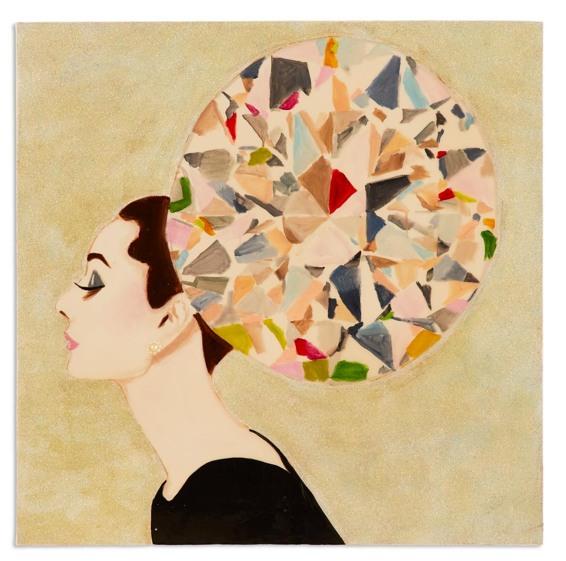 Ashley Longshore, (American/LA, Contemporary): Ashley Longshore (American/Louisiana, Contemporary) "Audrey with Gem" mixed media on gallery-wrapped canvas signed along proper right edge of canvas. 36" x 36" Provenance: Private collection, New Orle