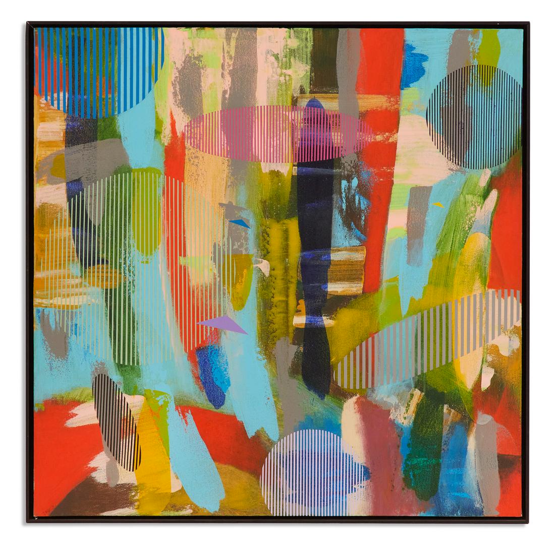 James Massena March, (American, 1953-2021): James Massena March (American, 1953-2021) "Cassini #8" acrylic on canvas signed lower left, signed and titled en verso. In a thin gallery frame. 38" x 38" framed 39-1/2" x 39-1/2"