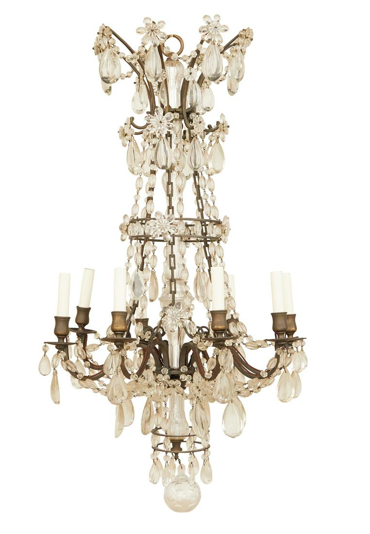 Unusual French Bronze and Crystal Chandelier: Unusual French Patinated Bronze and Crystal Chandelier second quarter 20th century, the nine-light chandelier with a molded glass-clad standard, the flared corona with crystal flowers and swags of dro