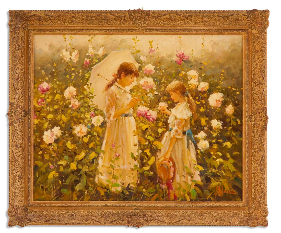 Jean Lefort, (French, b. 1948): Jean Lefort (French, b. 1948) "In the Rose Garden" oil on wood panel signed lower right. Framed. 24" x 30-1/4", framed 31" x 36" Provenance: Private collection, New Orleans, Louisiana.
