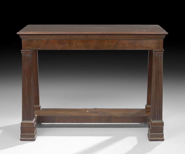 Neoclassical-Style Mahogany Side Table: Neoclassical-Style Mahogany Side Table, late 19th century, the rectangular top with molded edge above a plain frieze, raised on fluted graduated supports to a lower shelf, to molded square feet, h. 38