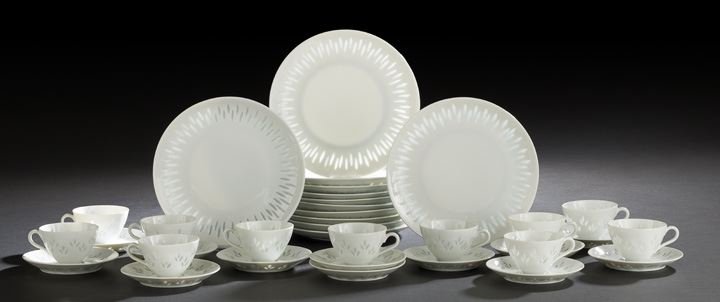 35-Piece "Rice Grain" Porcelain Dessert Service: Thirty-Five-Piece Arabia, Finland, White "Rice Grain" Porcelain Partial Coffee and Dessert Service, for twelve persons, comprised of twelve dessert plates, dia. 7-1/2", eleven after-dinner coffee cups