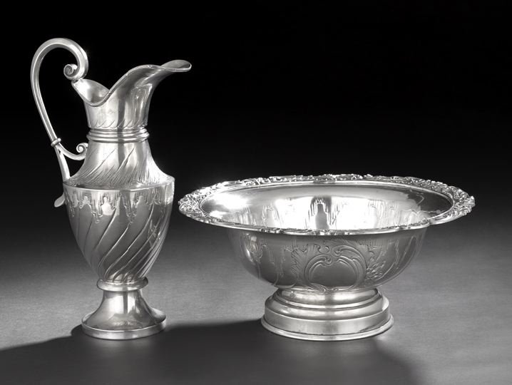 Large Continental Silverplate Lavabo Set: Large Continental Silverplate Lavabo Set, first quarter 20th century, in the rococo taste, the baluster-form ewer decorated with chased spiral gadroons and rococo cartouches, with reed-and-ribbon and 