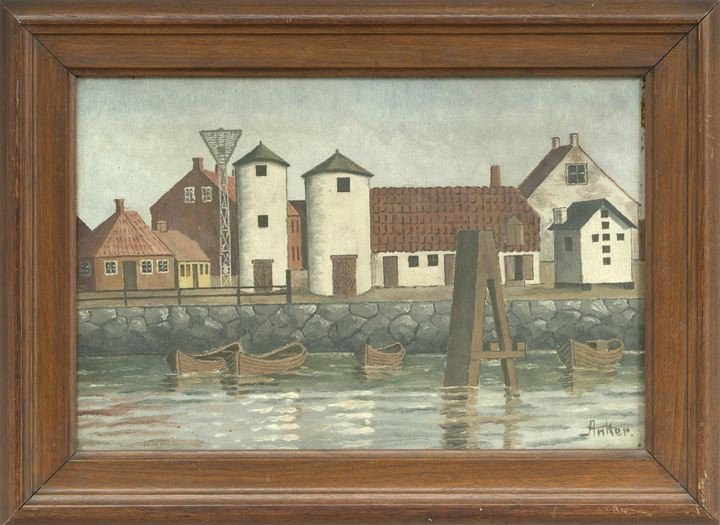 Continental School (First Quarter 20th Century): Continental School (First Quarter 20th Century) "Scandinavian Harbor Town", oil on canvas, signed lower right "Anker", 11" x 16-5/8". Glazed and presented in a oak frame.