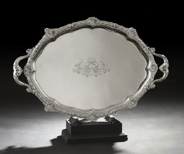 Good Regency Sterling Silver Tray: Good Regency Sterling Silver Tray, hallmarked London, 1810-1811, by Benjamin and James Smith, of oval form with an elaborate reed-and-grapevine border accented with grape cluster-mantled shell motifs,