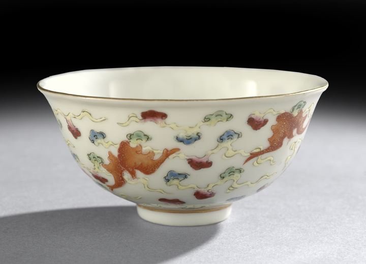 Fine Chinese Famille Rose Porcelain Tea Bowl: Fine Chinese Famille Rose Porcelain Tea Bowl, Guangxu mark and period (1875-1908) or slightly later, decorated on the interior with a bat encircled by clouds, the exterior decorated with five bats and