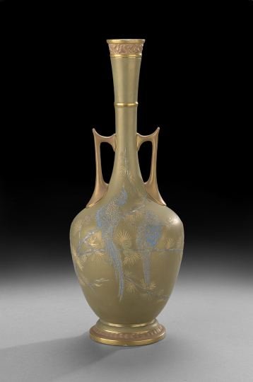 Royal Worcester Aesthetic Vase: Royal Worcester Aesthetic Vase, ca. 1884, the bottle-form vase decorated with a matte glaze and raised on japonesque decoration in gold, platinum and copper, and with blue phoenix birds decorated in r