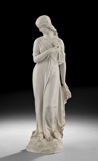 Copeland Tinted Parian Figure: Copeland Tinted Parian Figure, 1865, after Matthew Noble, marketed at the Crystal Palace Art Union, fully signed, the original sculpted in 1864, the piece depicts a young woman with downcast eyes, hol