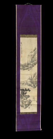 Chinese Ink on Paper Scroll: Chinese Ink on Paper Scroll, signed, Li Shizhou (d. 1770), depicting a lone figure in a mountainous landscape, mounted in purple silk and housed in an embellished zitan scroll box, the top with hardst