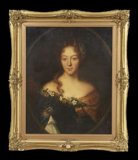 After Pierre Mignard (French, 1612-1695): After Pierre Mignard (French, 1612-1695) "Portrait of Francoise-Marguerite, Countess of Grignan", oil on canvas, unsigned, 27" x 22". Presented in a rococo-style frame.