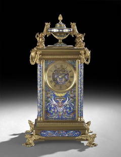 French Champleve Enamel Mantel Clock: French Champleve Enamel Mantel Clock, fourth quarter 19th century, Samuel Marti, the clock supported on bronze griffin feet, the case with enameled panels depicting a classical torch framed by cornuco